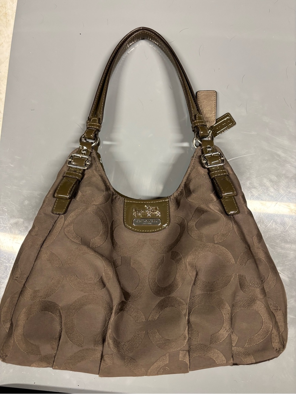 Coach Brown Signature Shoulder Bag with Olive Trim